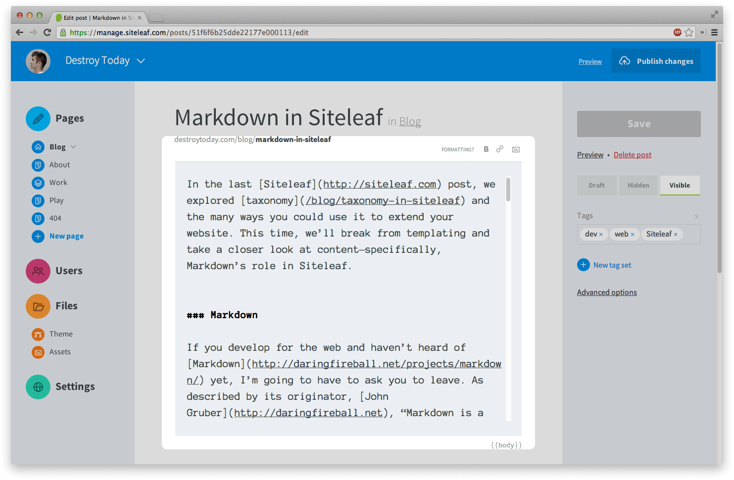 Markdown in Siteleaf