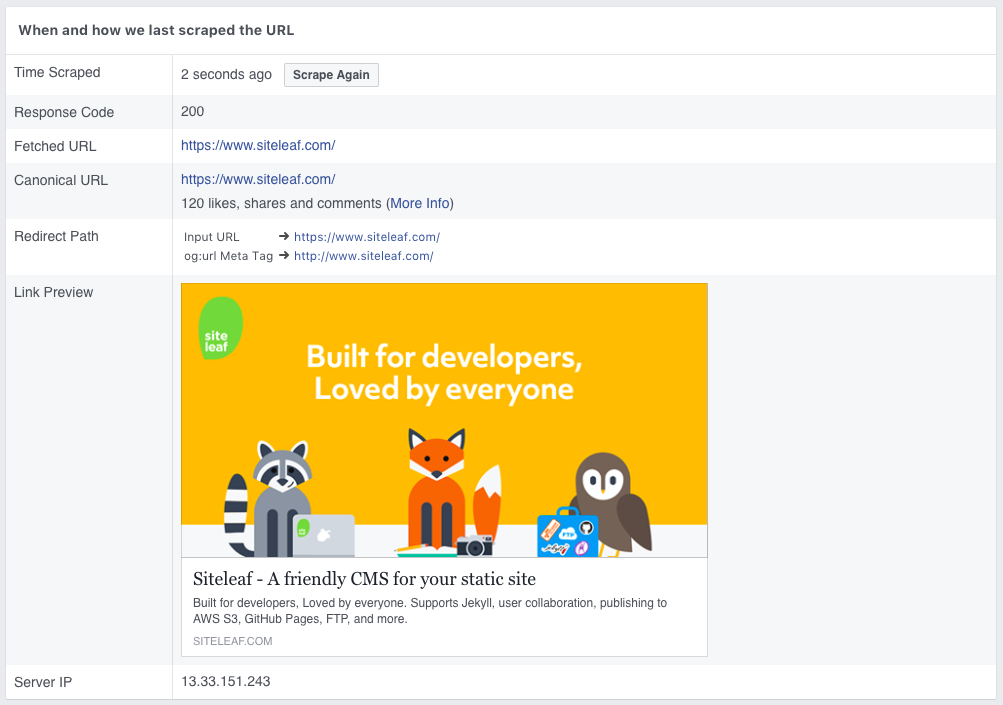 Screen Shot of Siteleaf on Facebook Sharing Debugger