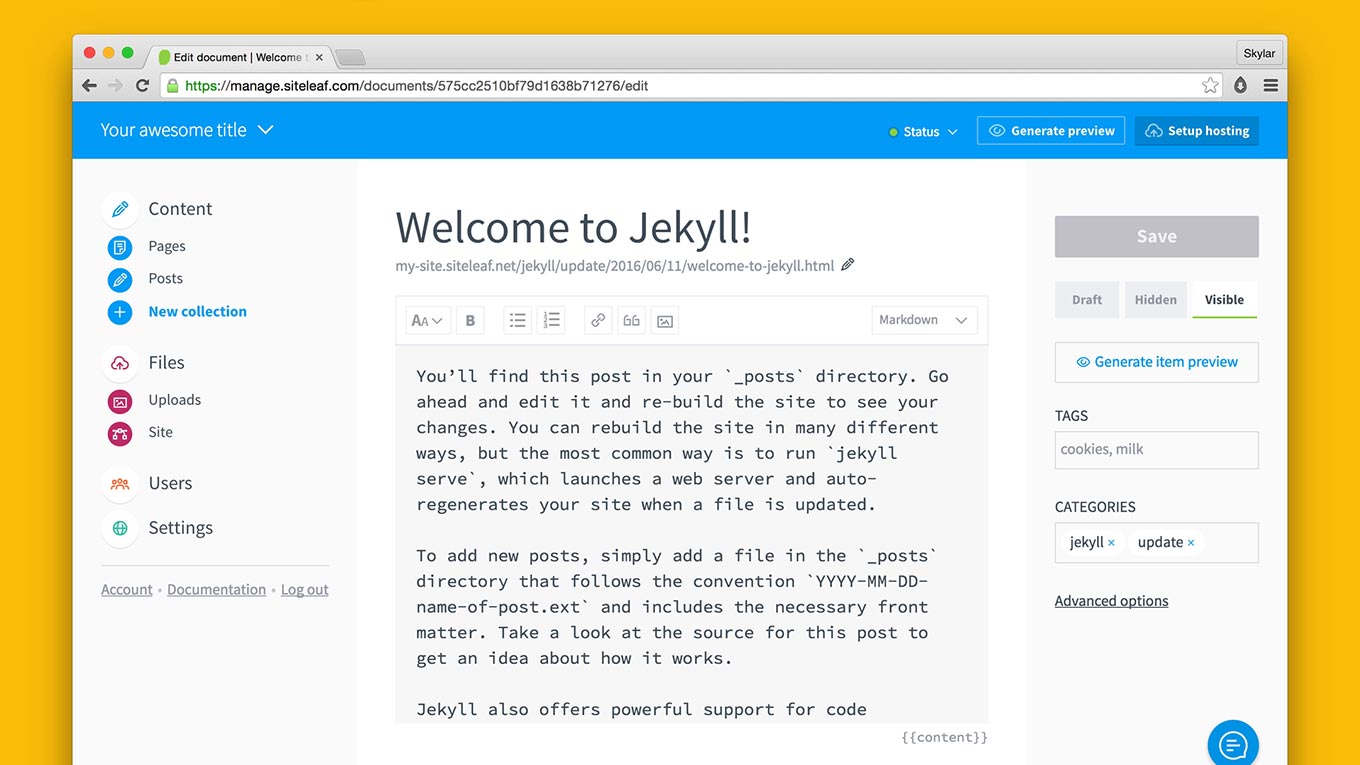 Jekyll content in Siteleaf