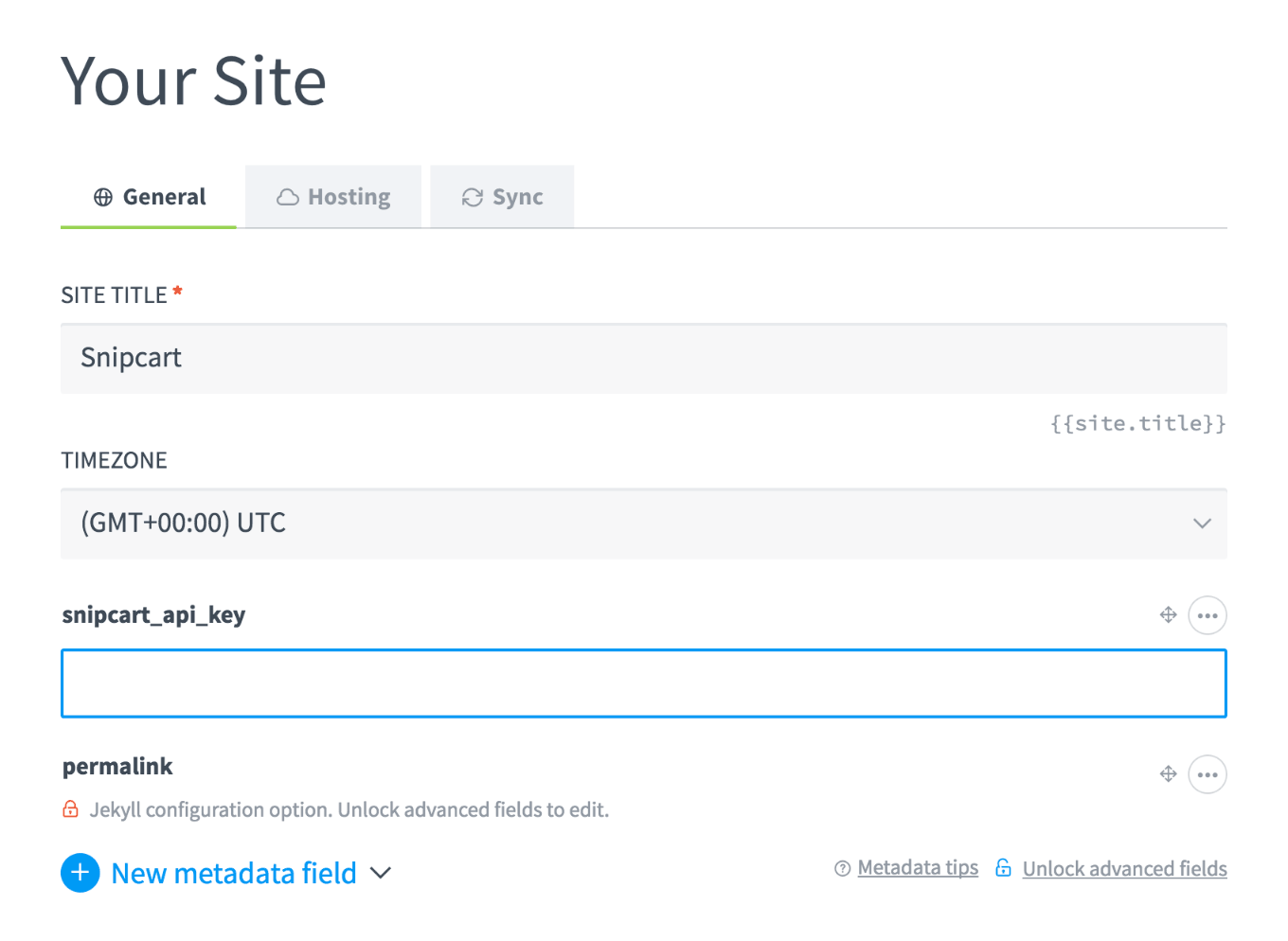 Adding Snipcart API key in Siteleaf